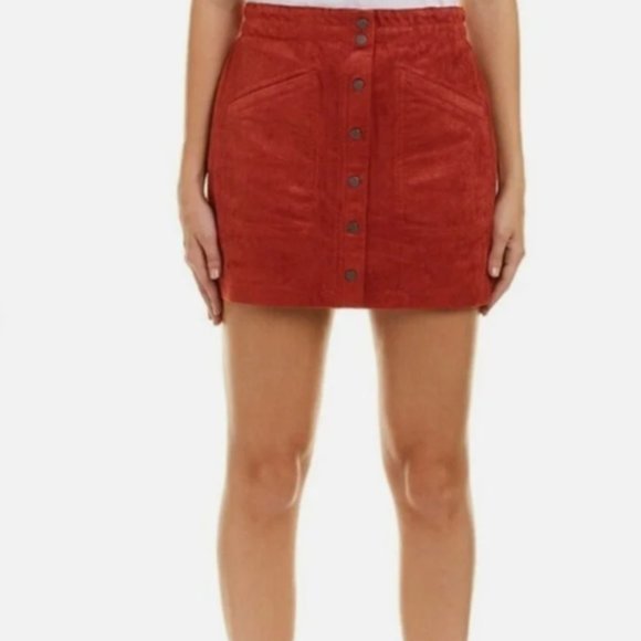BCBGMAXAZRIA Red Orange Faux Suede Button Down Skirt Size M - Picture 2 of 5